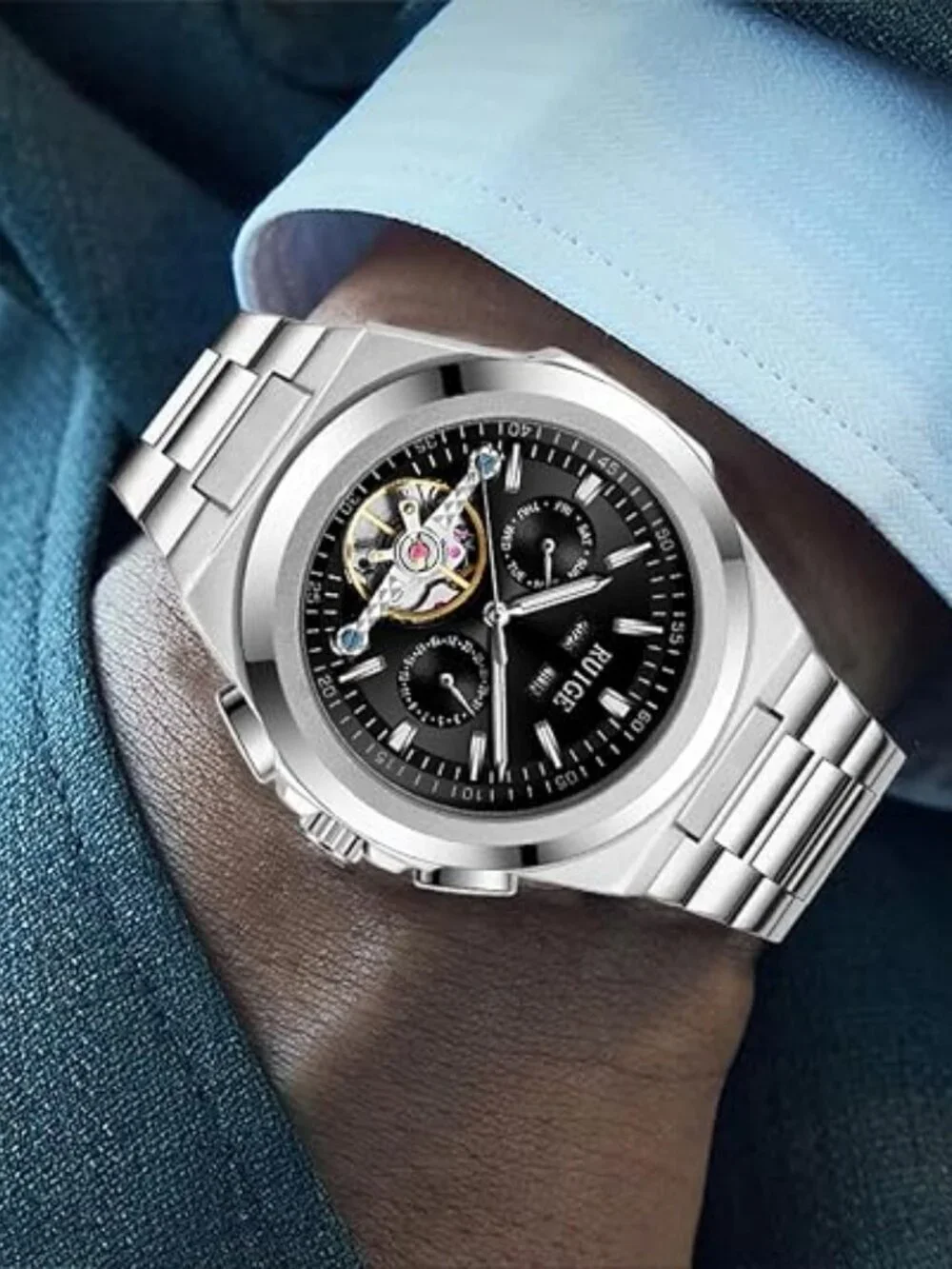 Men's Black Fully Automatic Mechanical 43mm Hollow Skeleton Dial Wrist Watch
